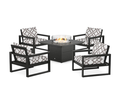 POLYWOOD® EDGE Sectional 5-Piece Deep Seating Set with Fire Pit Table in Black / Trellis Grey Mist