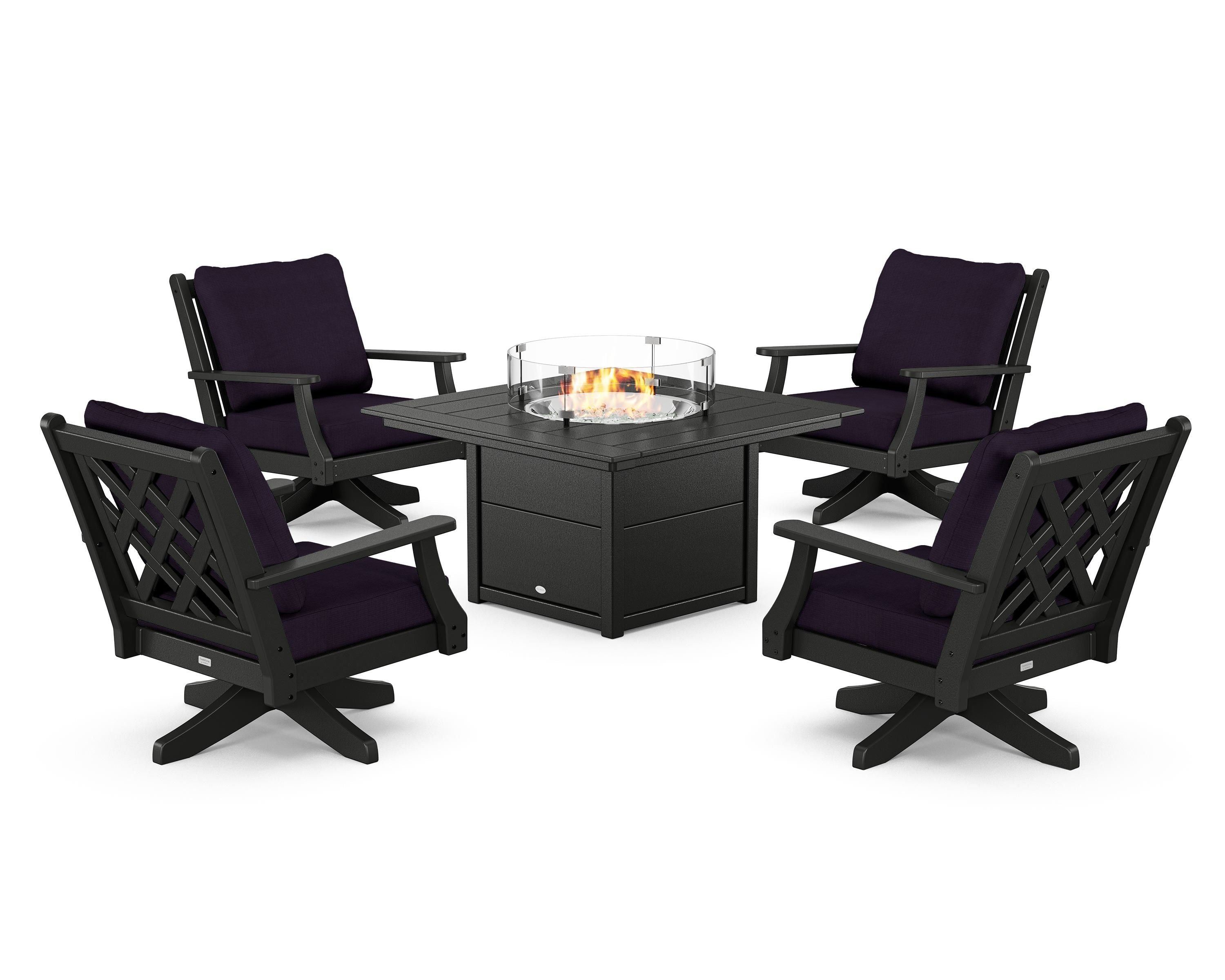Country Living Wovendale 5-Piece Deep Seating Swivel Conversation Set with Fire Pit Table in Black / Navy Linen