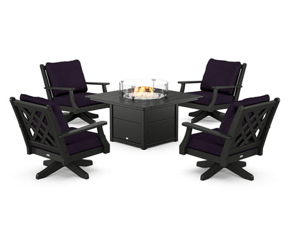 Country Living Wovendale 5-Piece Deep Seating Swivel Conversation Set with Fire Pit Table in Black / Navy Linen