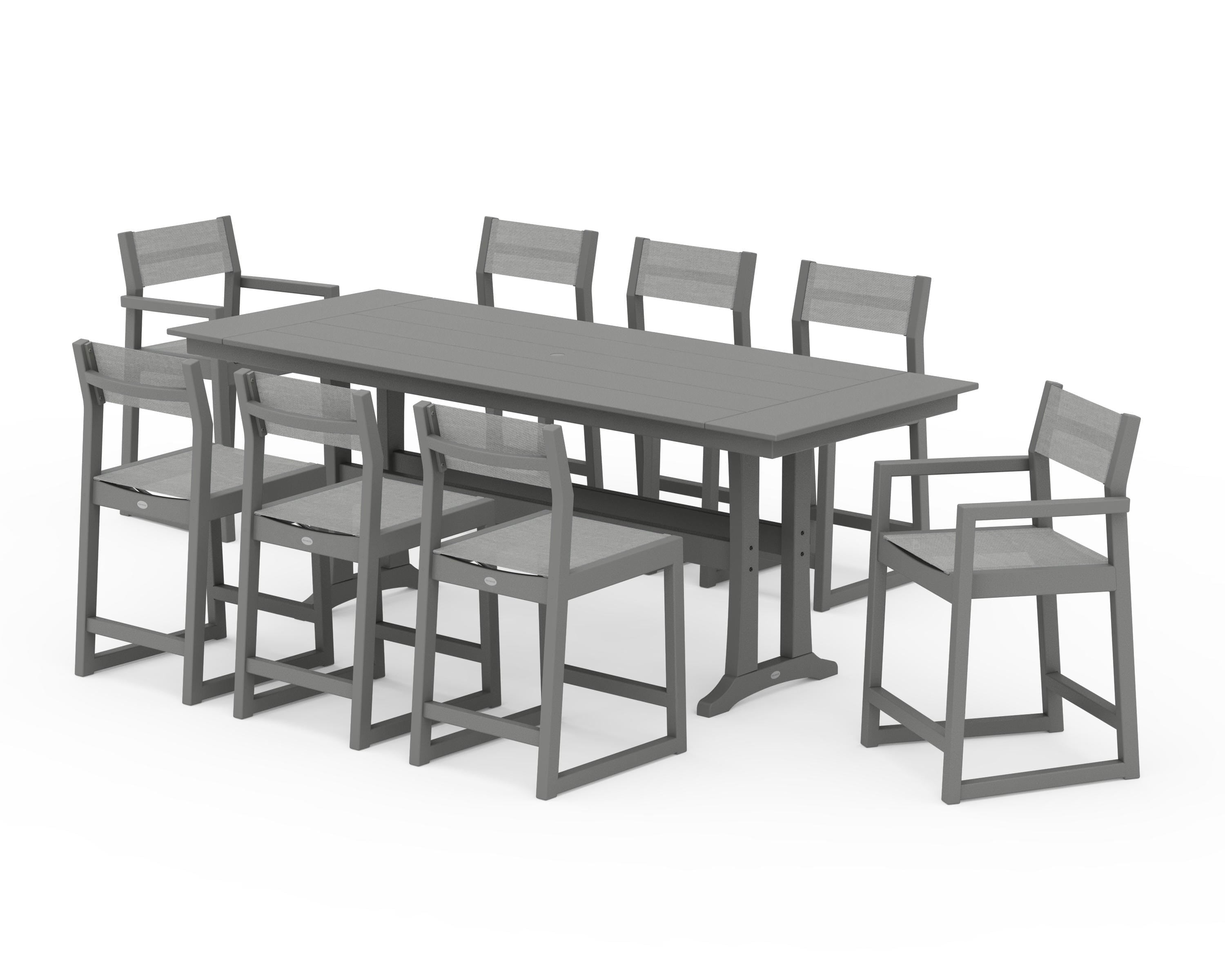 POLYWOOD® EDGE Sling 9-Piece Farmhouse Counter Set with Trestle Legs in Slate Grey / Metallic Sling