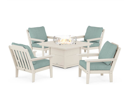 Country Living Cottage 5-Piece Deep Seating Set with Fire Pit Table in Sand / Glacier Spa