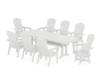 POLYWOOD® Nautical Curveback Adirondack Swivel 9-Piece Farmhouse Dining Set with Trestle Legs in White