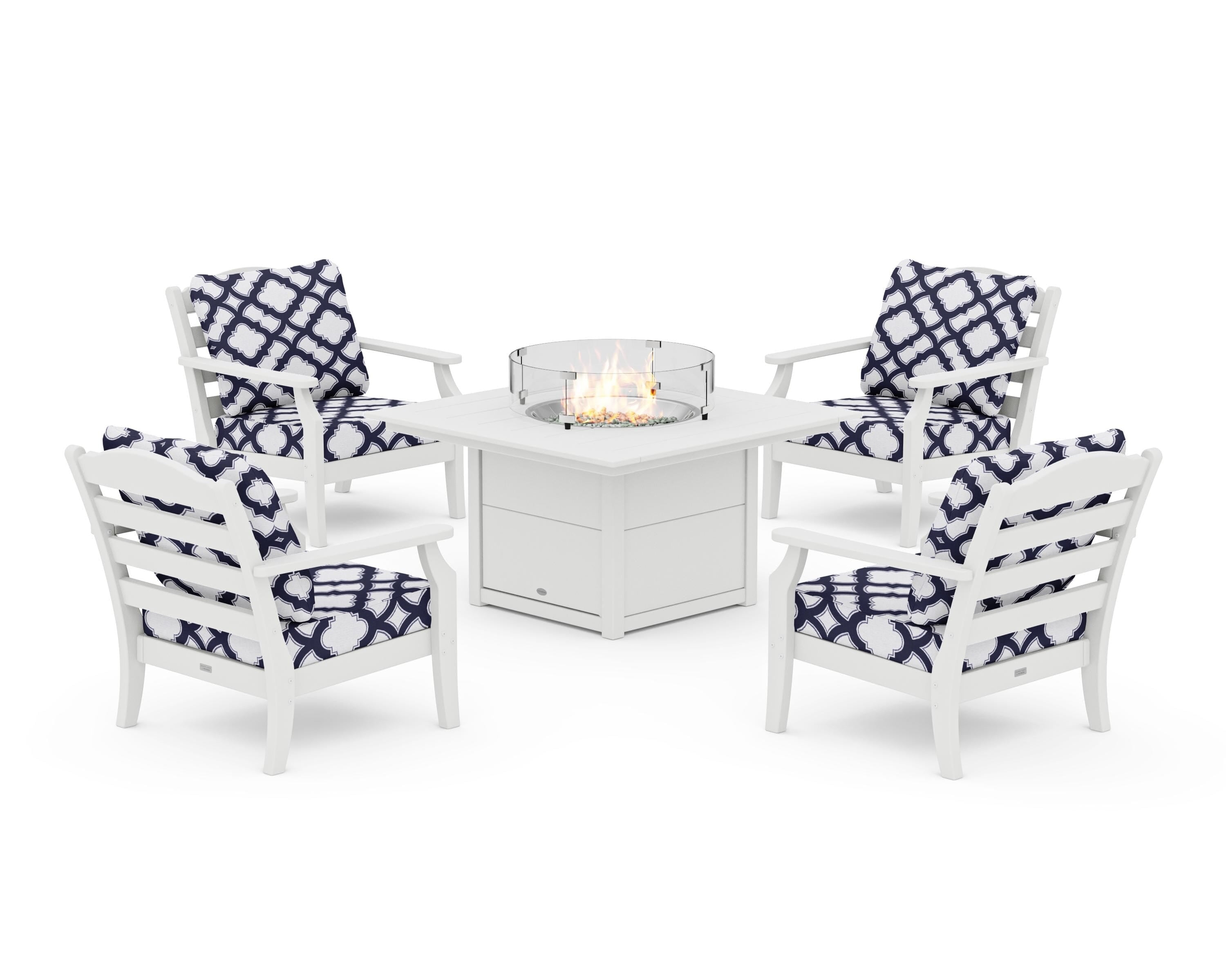 Draper James™ by  POLYWOOD® Savannah 5-Piece Deep Seating Set with Fire Pit Table in White / Trellis Navy