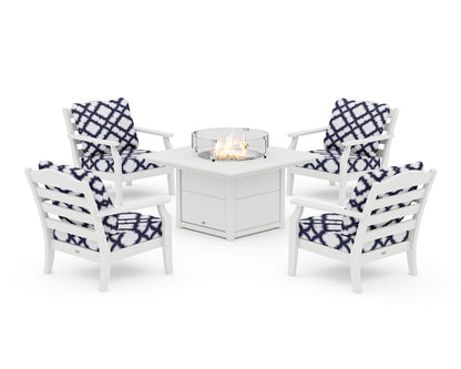 Draper James™ by  POLYWOOD® Savannah 5-Piece Deep Seating Set with Fire Pit Table in White / Trellis Navy