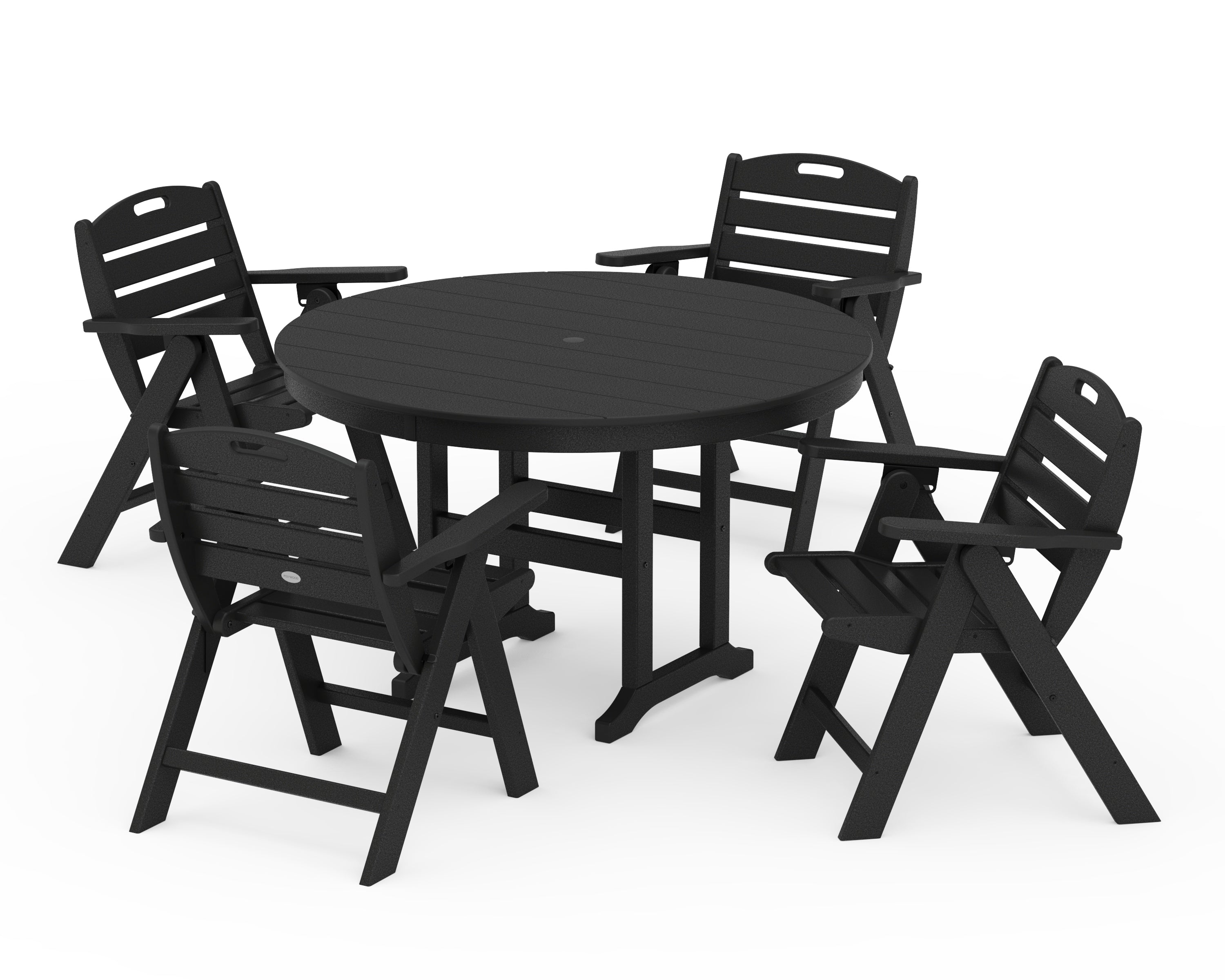 POLYWOOD® Nautical Folding Lowback Chair 5-Piece Round Farmhouse Dining Set in Black