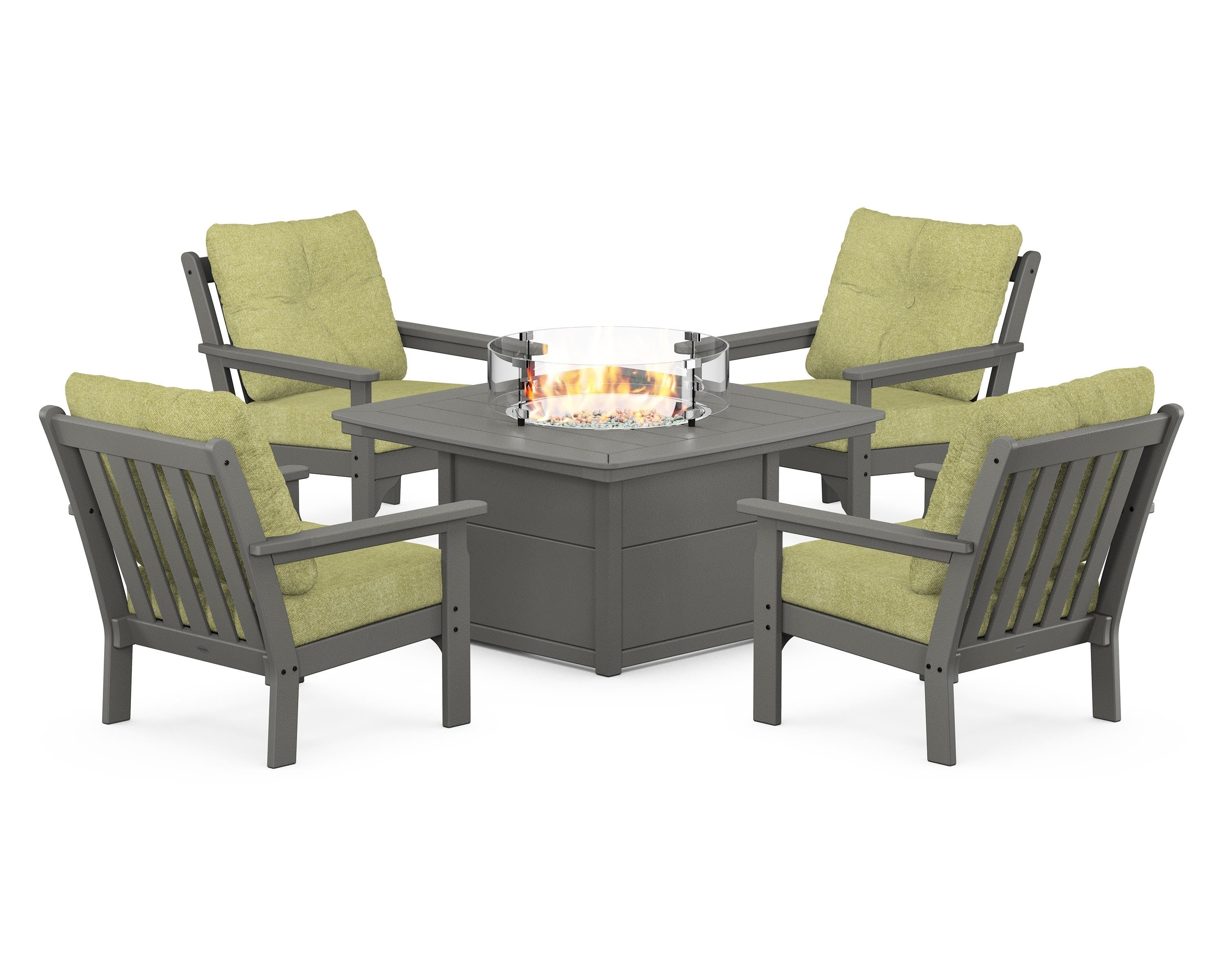 POLYWOOD® Vineyard 5-Piece Conversation Set with Fire Pit Table in Slate Grey / Chartreuse Boucle