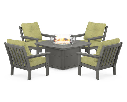 POLYWOOD® Vineyard 5-Piece Conversation Set with Fire Pit Table in Slate Grey / Chartreuse Boucle