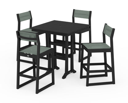POLYWOOD® EDGE Sling Arm Chair 5-Piece Farmhouse Bar Set with Trestle Legs in Black / Dupioni Sea Mist Sling