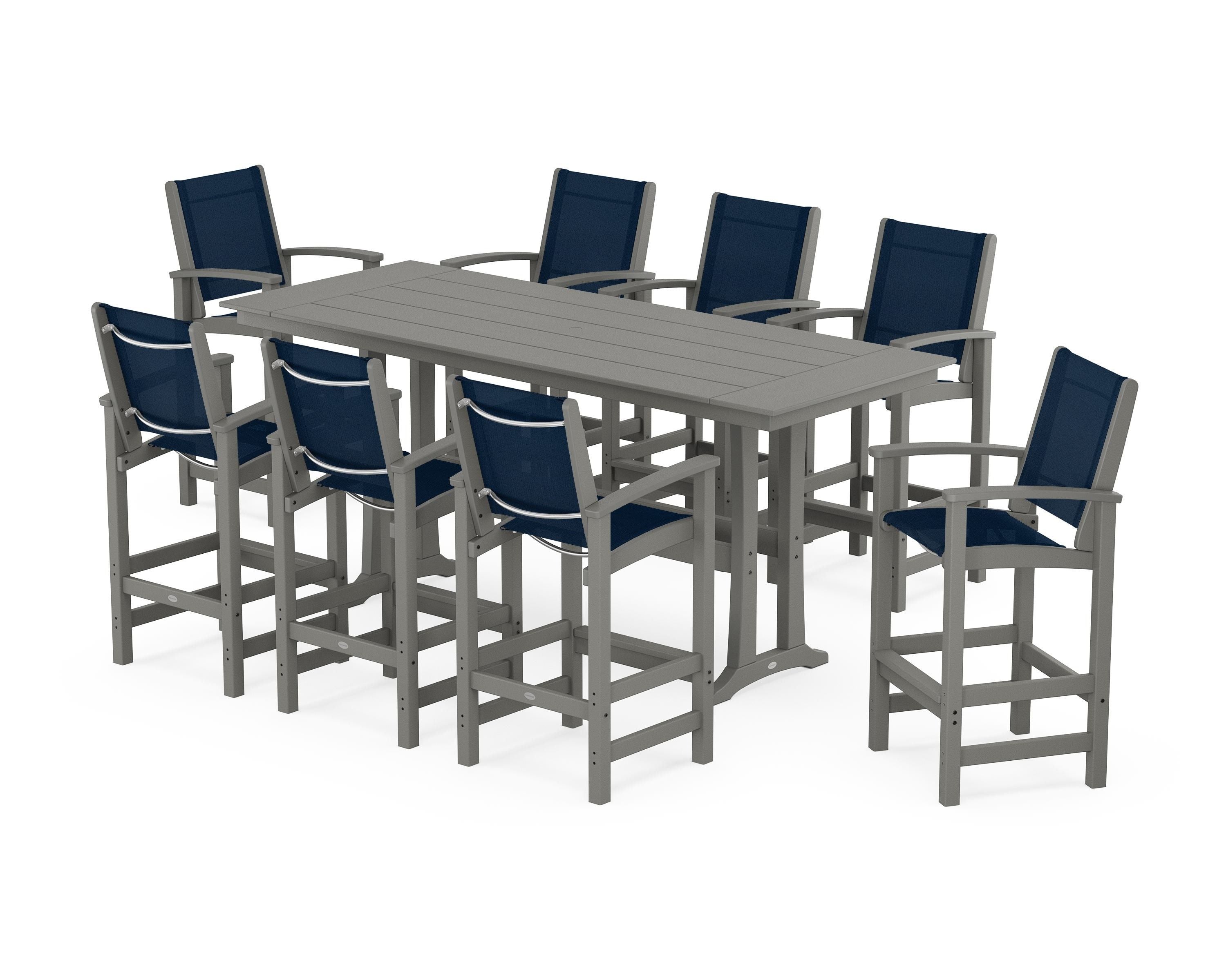 POLYWOOD® Coastal 9-Piece Farmhouse Bar Set with Trestle Legs in Slate Grey / Navy Blue Sling