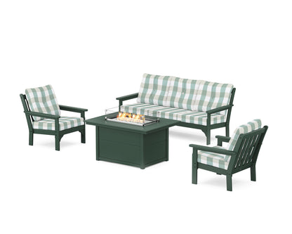 POLYWOOD® Vineyard Deep Seating Fire Pit Table Set in Green / Buffalo Plaid Glacier Spa