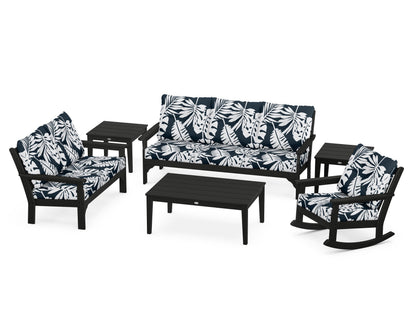 POLYWOOD® Vineyard 6-Piece Deep Seating Set in Black / Leaf Marine Indigo