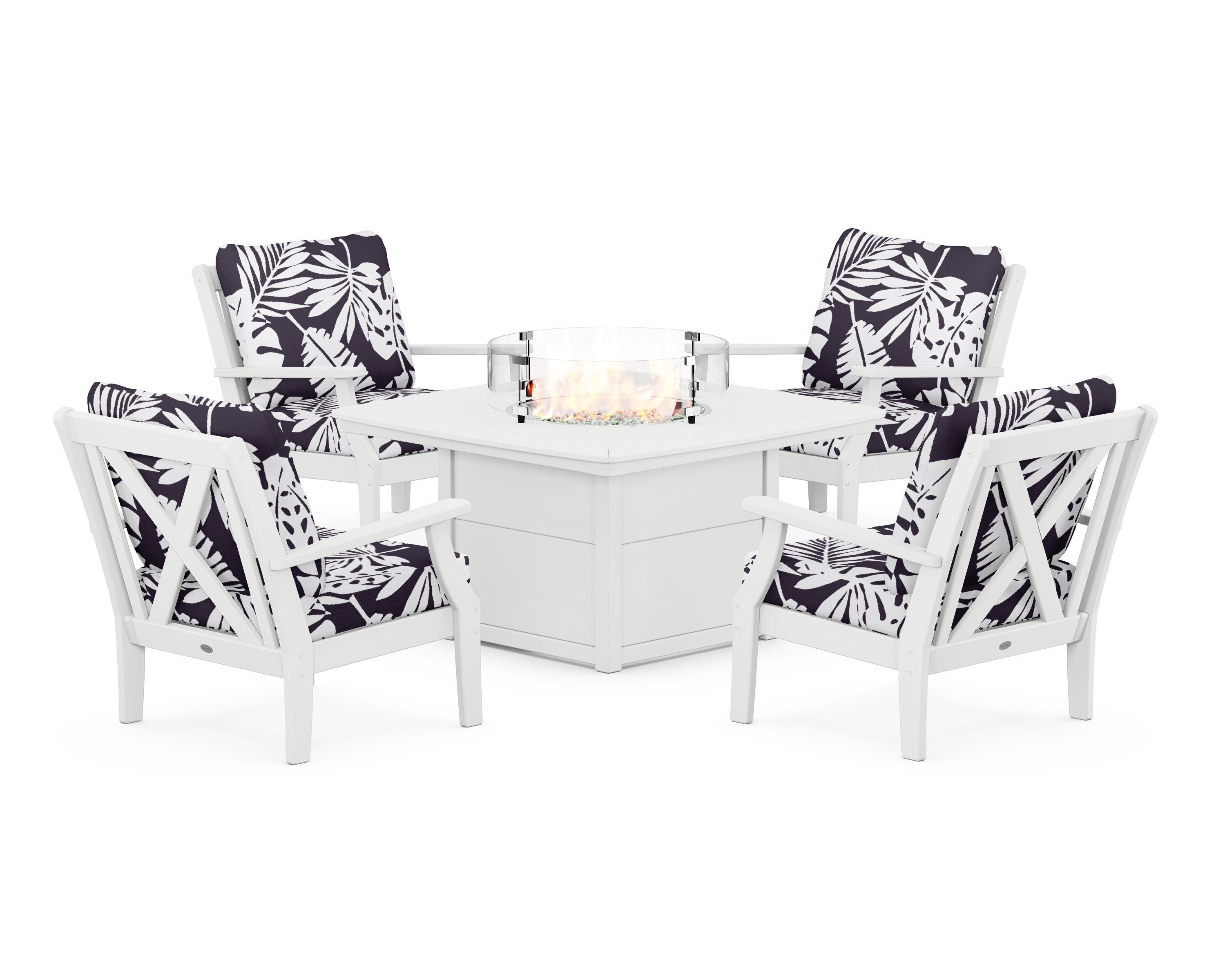 POLYWOOD® Braxton 5-Piece Deep Seating Conversation Set with Fire Pit Table in White / Leaf Navy