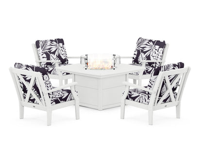 POLYWOOD® Braxton 5-Piece Deep Seating Conversation Set with Fire Pit Table in White / Leaf Navy