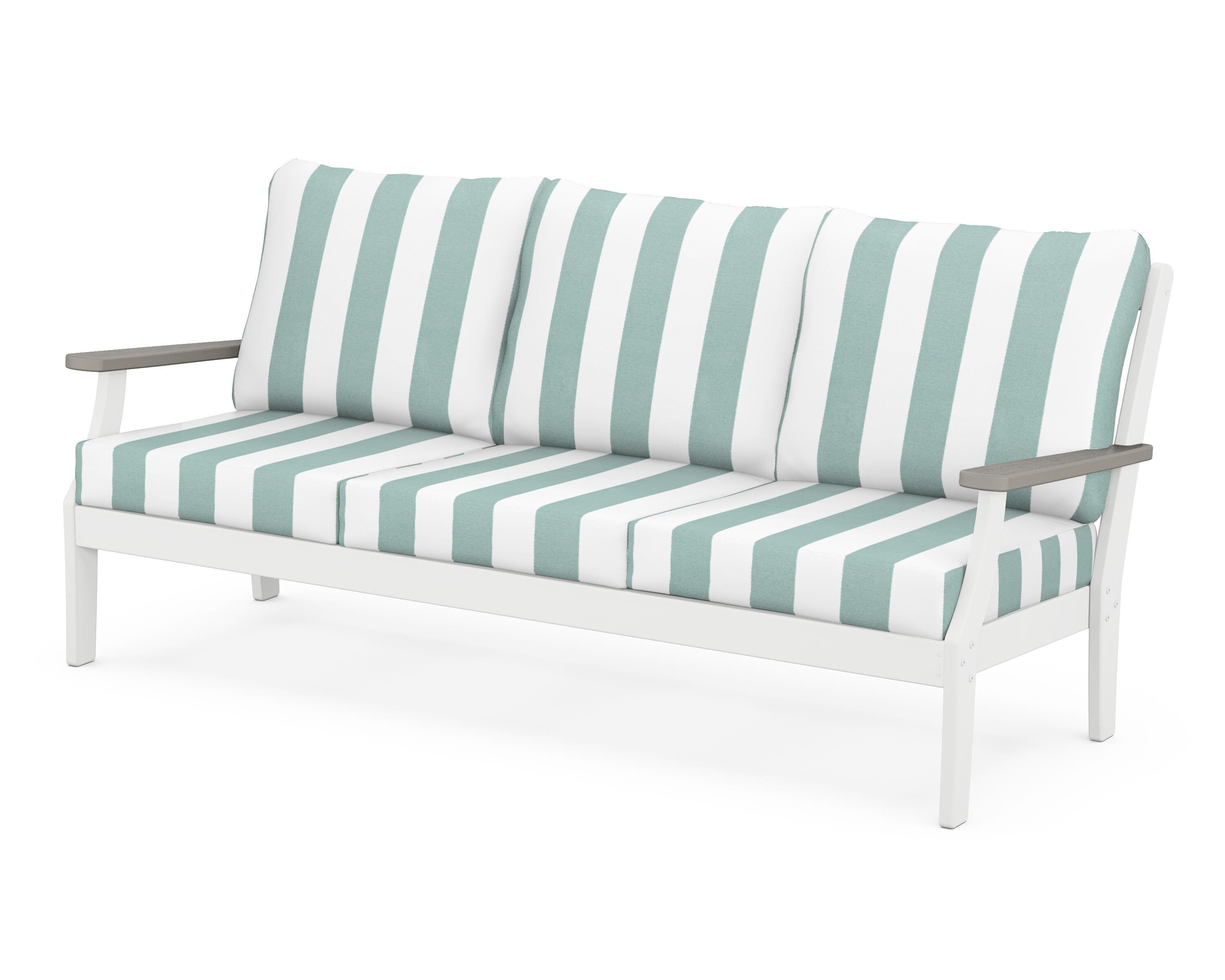 POLYWOOD® Braxton Deep Seating Sofa in White / Driftwood / Cabana Stripe Glacier Spa