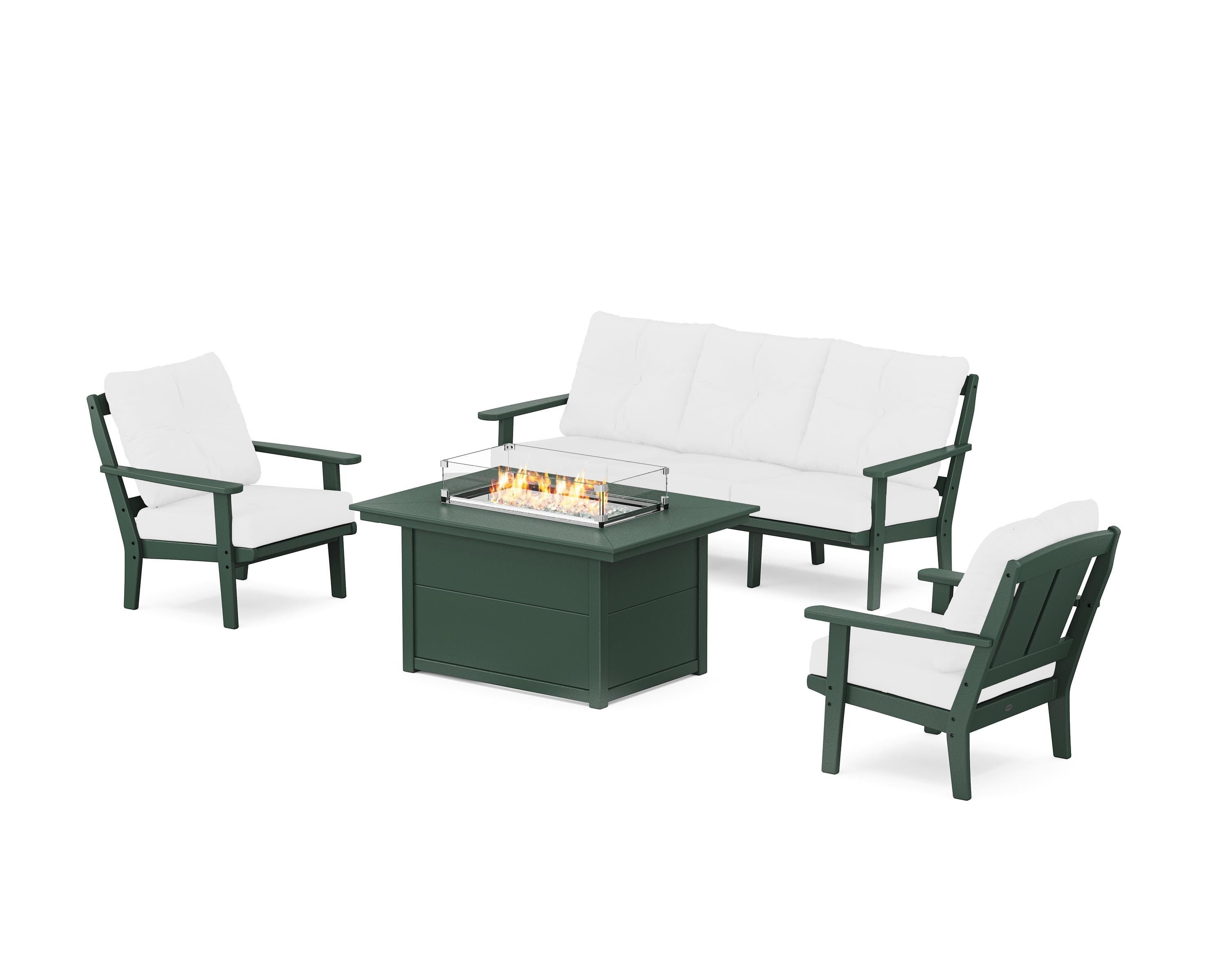 POLYWOOD® Mission Deep Seating Fire Pit Table Set in Green / Natural