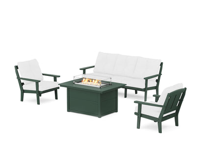 POLYWOOD® Mission Deep Seating Fire Pit Table Set in Green / Natural