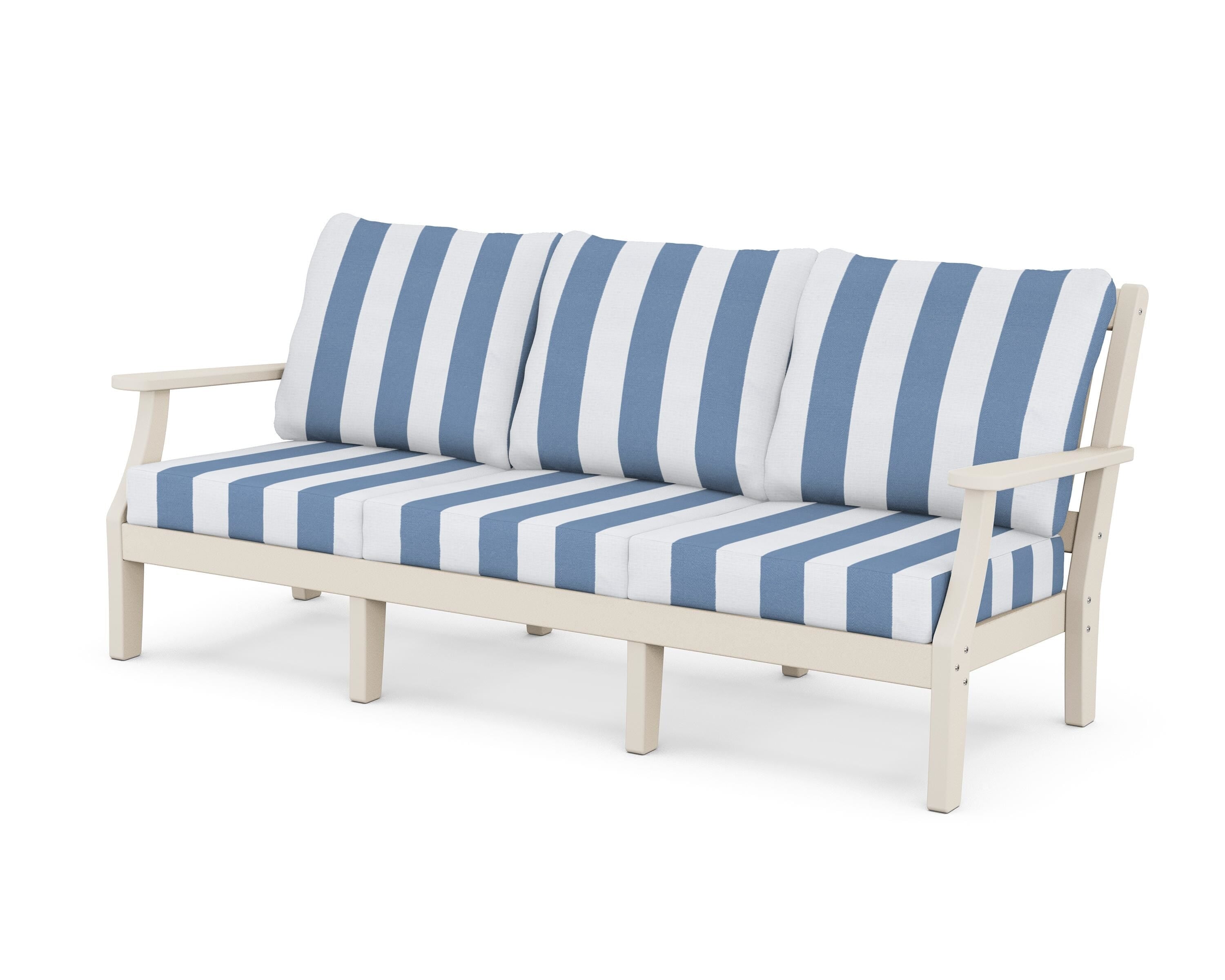 Martha Stewart by POLYWOOD® Chinoiserie Deep Seating Sofa in Sand / Cabana Stripe Sky Blue