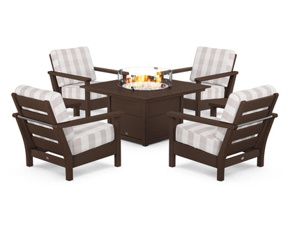 POLYWOOD® Harbour 5-Piece Conversation Set with Fire Pit Table in Mahogany / Buffalo Plaid Dune Burlap