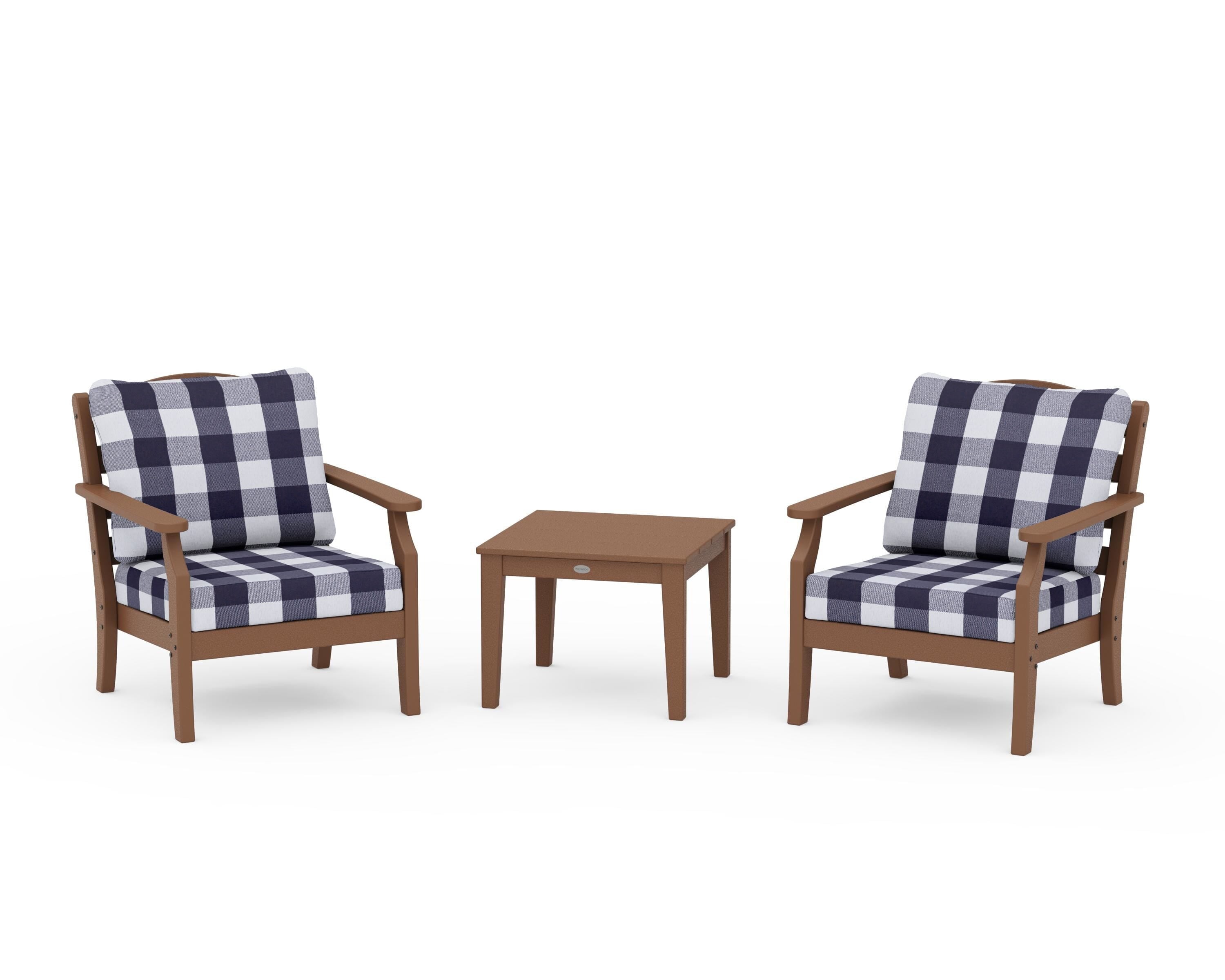 Draper James™ by  POLYWOOD® Savannah 3-Piece Deep Seating Set in Teak / Buffalo Plaid Navy