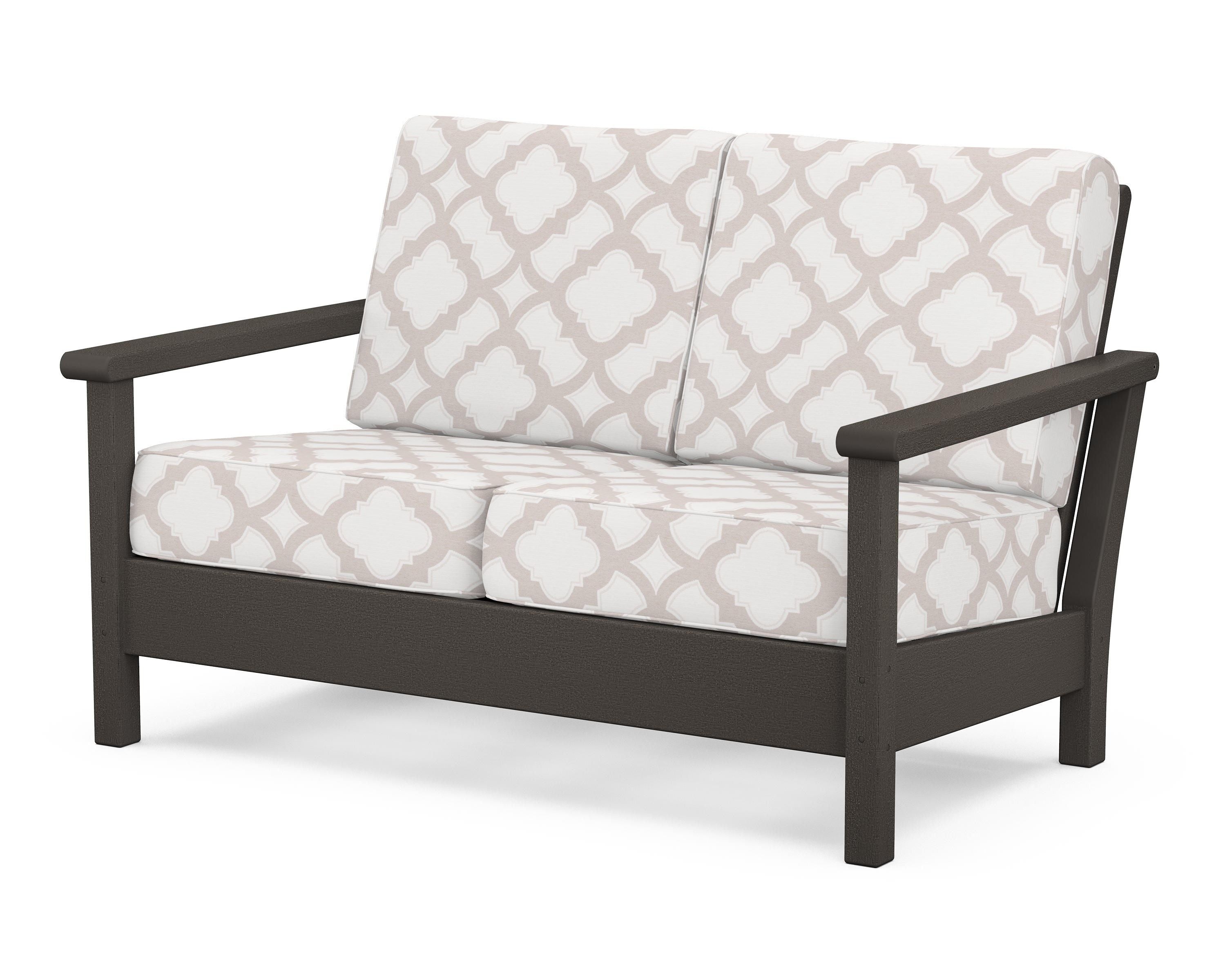 POLYWOOD® Harbour Deep Seating Loveseat in Vintage Coffee / Trellis Dune Burlap