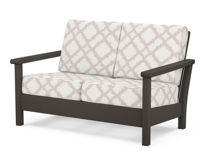 POLYWOOD® Harbour Deep Seating Loveseat in Vintage Coffee / Trellis Dune Burlap