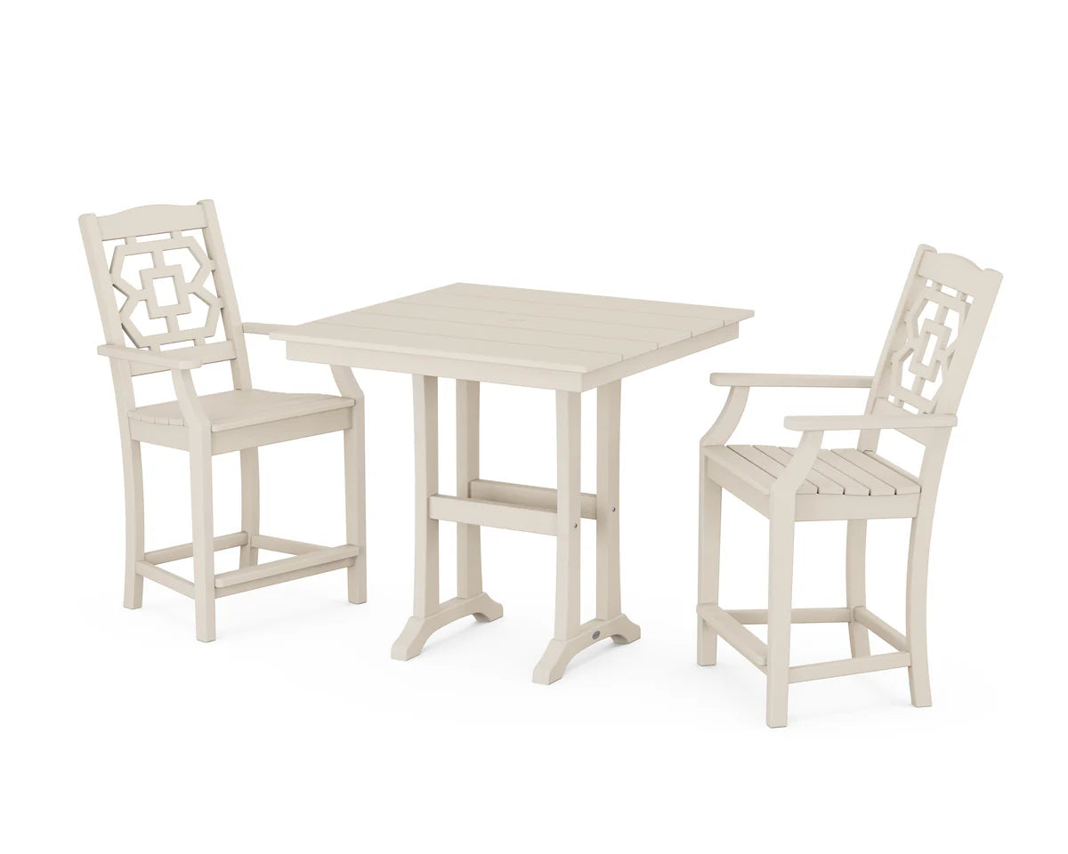 Chinoiserie 3-Piece Farmhouse Counter Set with Trestle Legs
