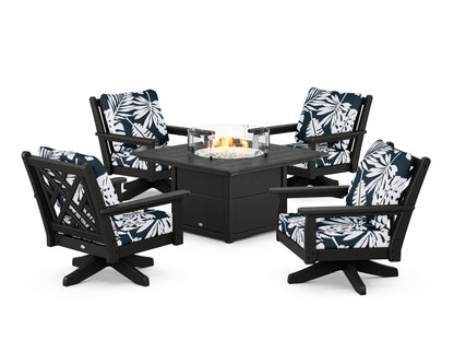 POLYWOOD® Chippendale 5-Piece Deep Seating Swivel Conversation Set with Fire Pit Table in Black / Leaf Marine Indigo