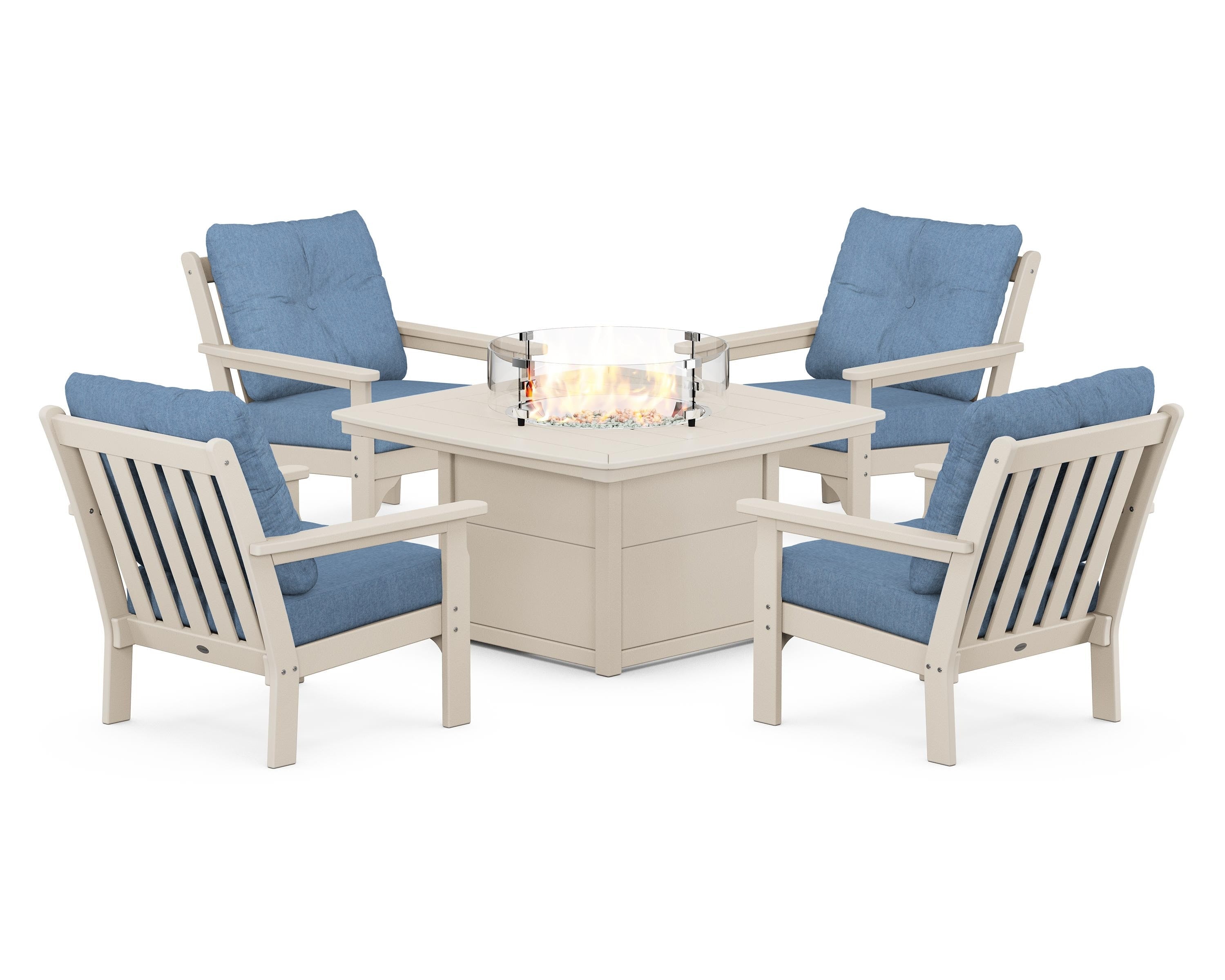 POLYWOOD® Vineyard 5-Piece Conversation Set with Fire Pit Table in Sand / Sky Blue