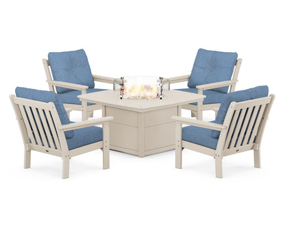 POLYWOOD® Vineyard 5-Piece Conversation Set with Fire Pit Table in Sand / Sky Blue