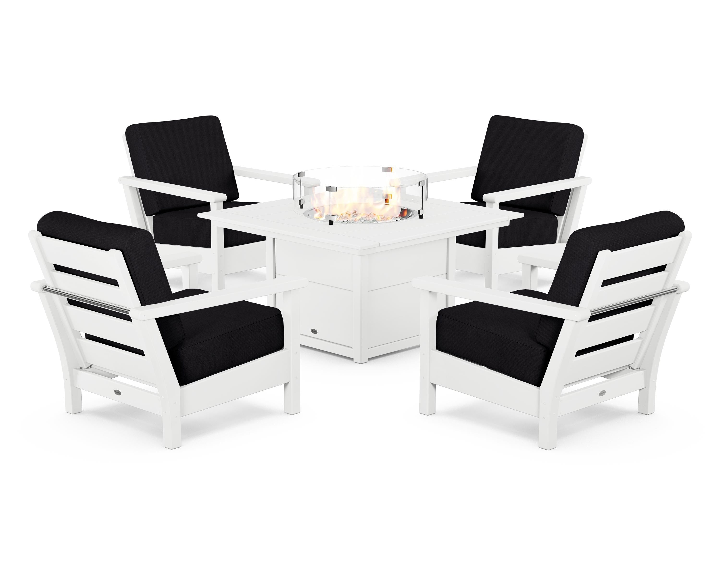 POLYWOOD® Harbour 5-Piece Conversation Set with Fire Pit Table in White / Midnight Linen