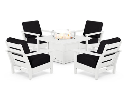 POLYWOOD® Harbour 5-Piece Conversation Set with Fire Pit Table in White / Midnight Linen