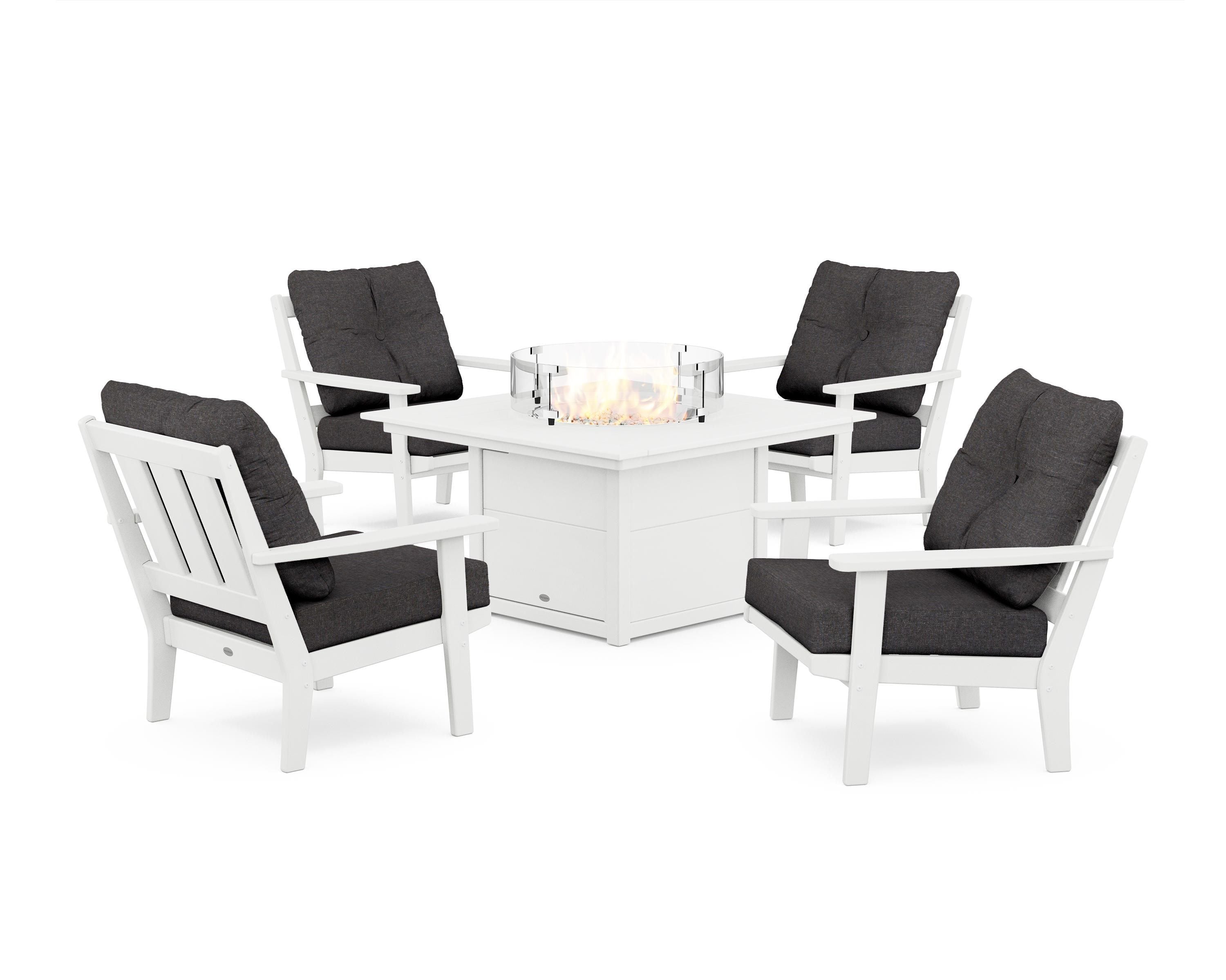 POLYWOOD® Oxford 5-Piece Deep Seating Set with Fire Pit Table in White / Ash Charcoal