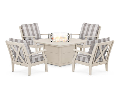 POLYWOOD® Braxton 5-Piece Deep Seating Conversation Set with Fire Pit Table in Sand / Buffalo Plaid Grey Mist