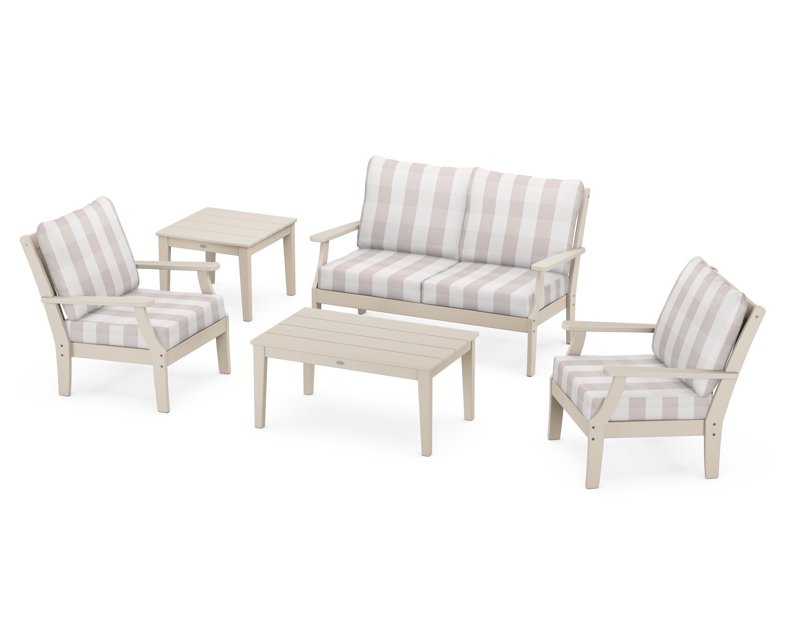 POLYWOOD® Braxton 5-Piece Deep Seating Set in Sand / Buffalo Plaid Dune Burlap