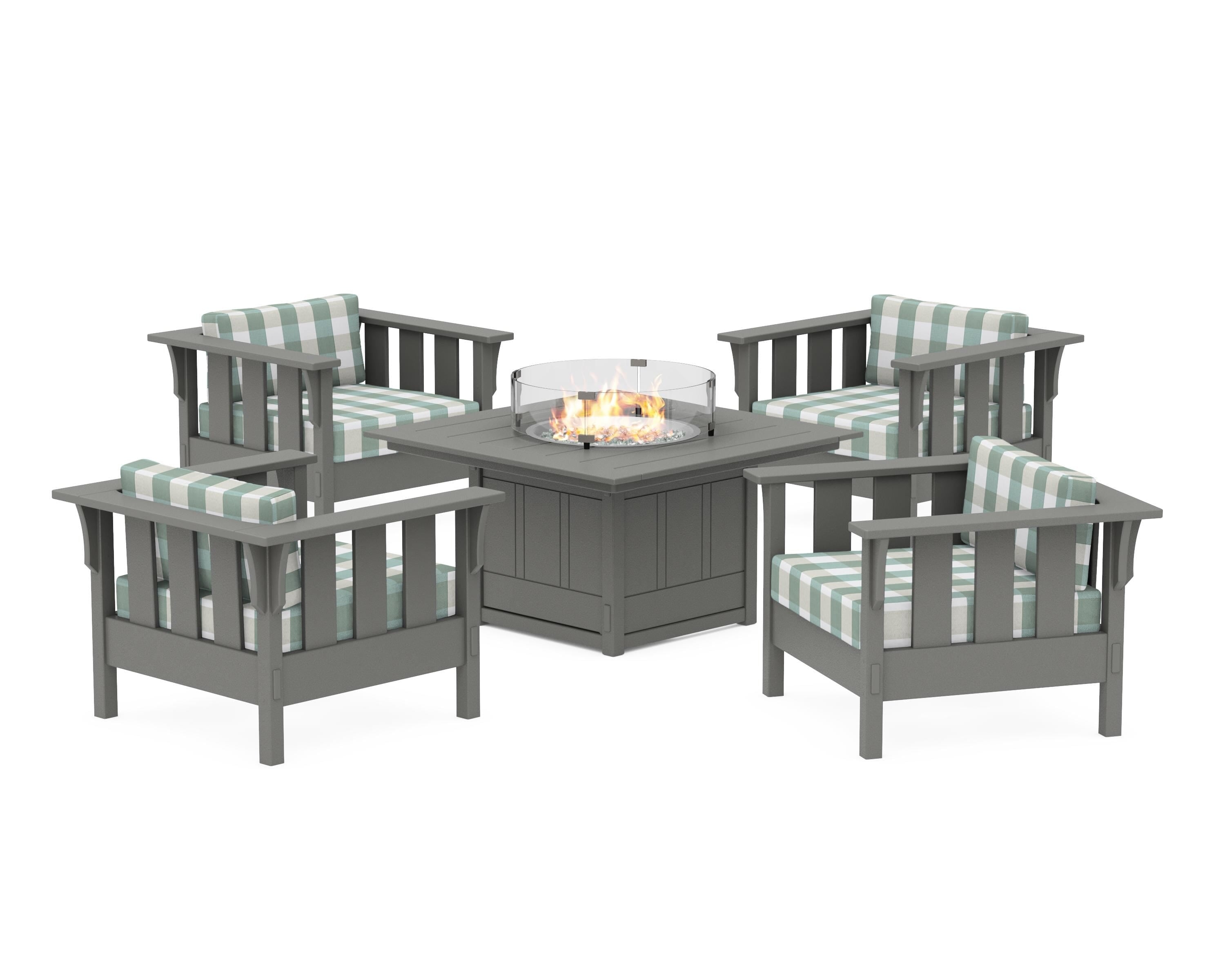 Martha Stewart by POLYWOOD® Acadia 5-Piece Deep Seating Set with Fire Pit Table in Slate Grey / Buffalo Plaid Glacier Spa