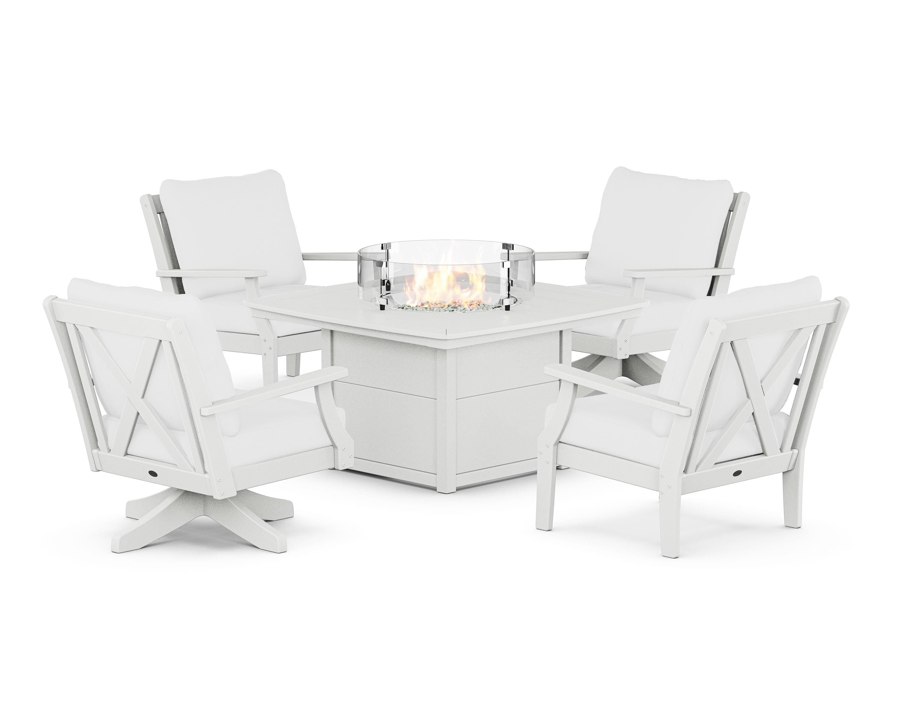 POLYWOOD® Braxton 5-Piece Deep Seating Set with Fire Table in White / Natural