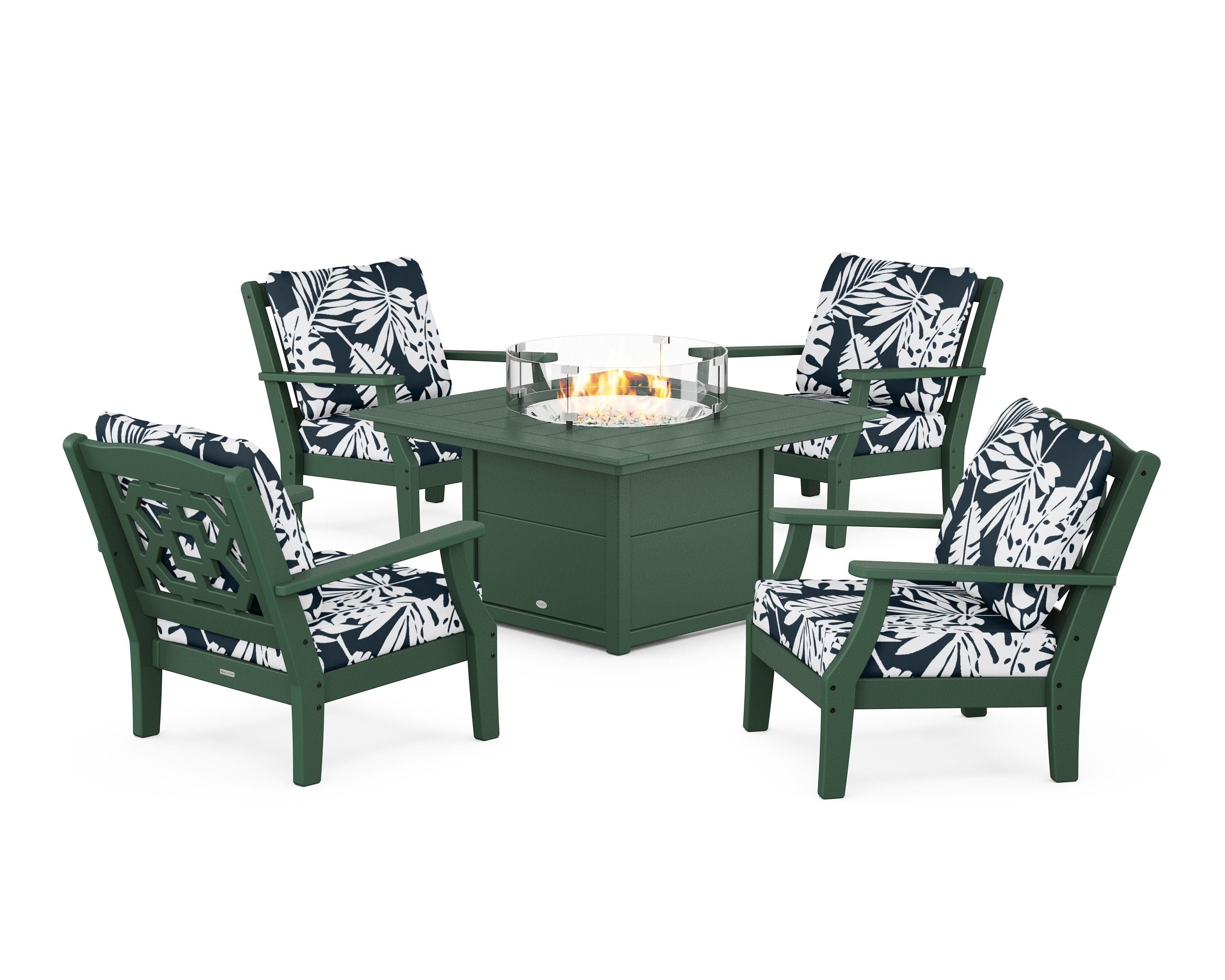 Martha Stewart by POLYWOOD® Chinoiserie 5-Piece Deep Seating Set with Fire Pit Table in Green / Leaf Marine Indigo