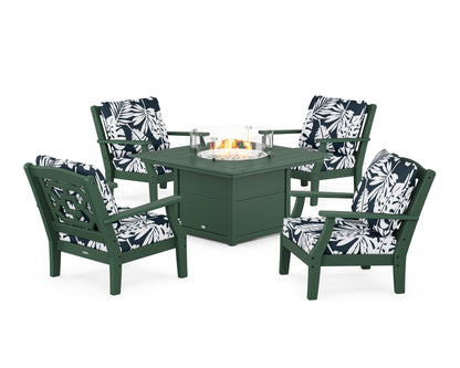 Martha Stewart by POLYWOOD® Chinoiserie 5-Piece Deep Seating Set with Fire Pit Table in Green / Leaf Marine Indigo