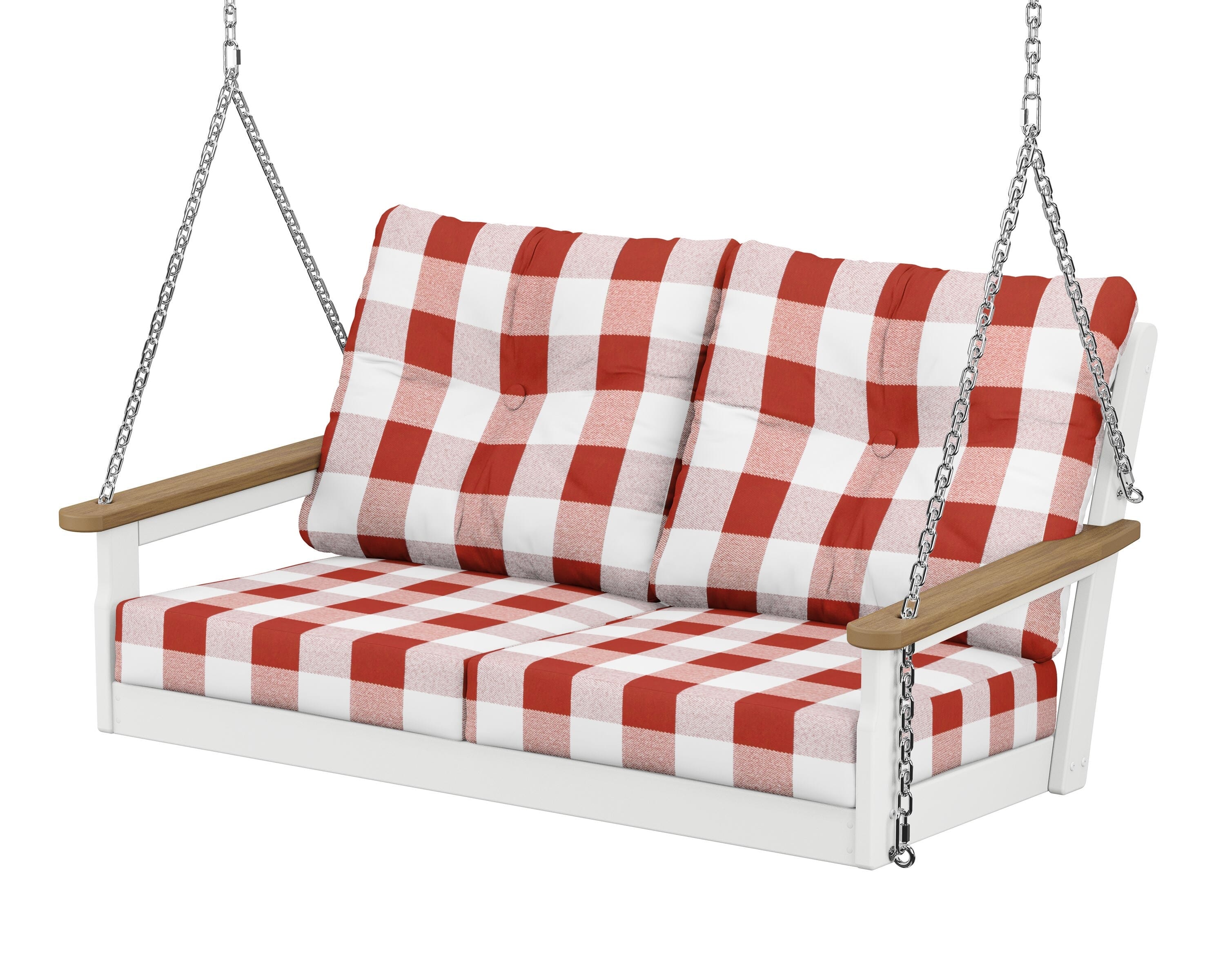 POLYWOOD® Vineyard Deep Seating Swing in White / Natural / Buffalo Plaid Crimson