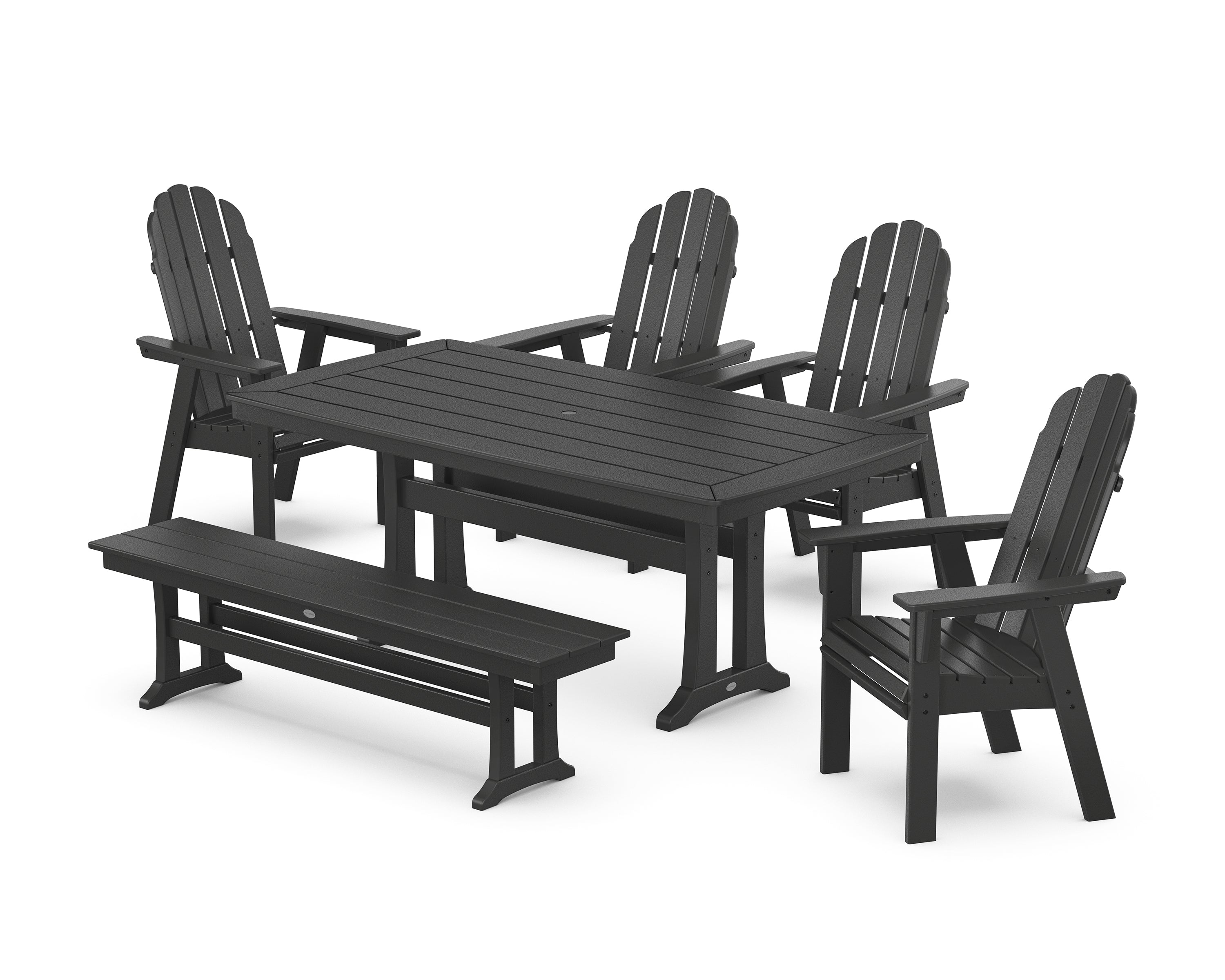 POLYWOOD® Vineyard Curveback Adirondack Chair 6-Piece Dining Set with Trestle Legs and Bench in Black