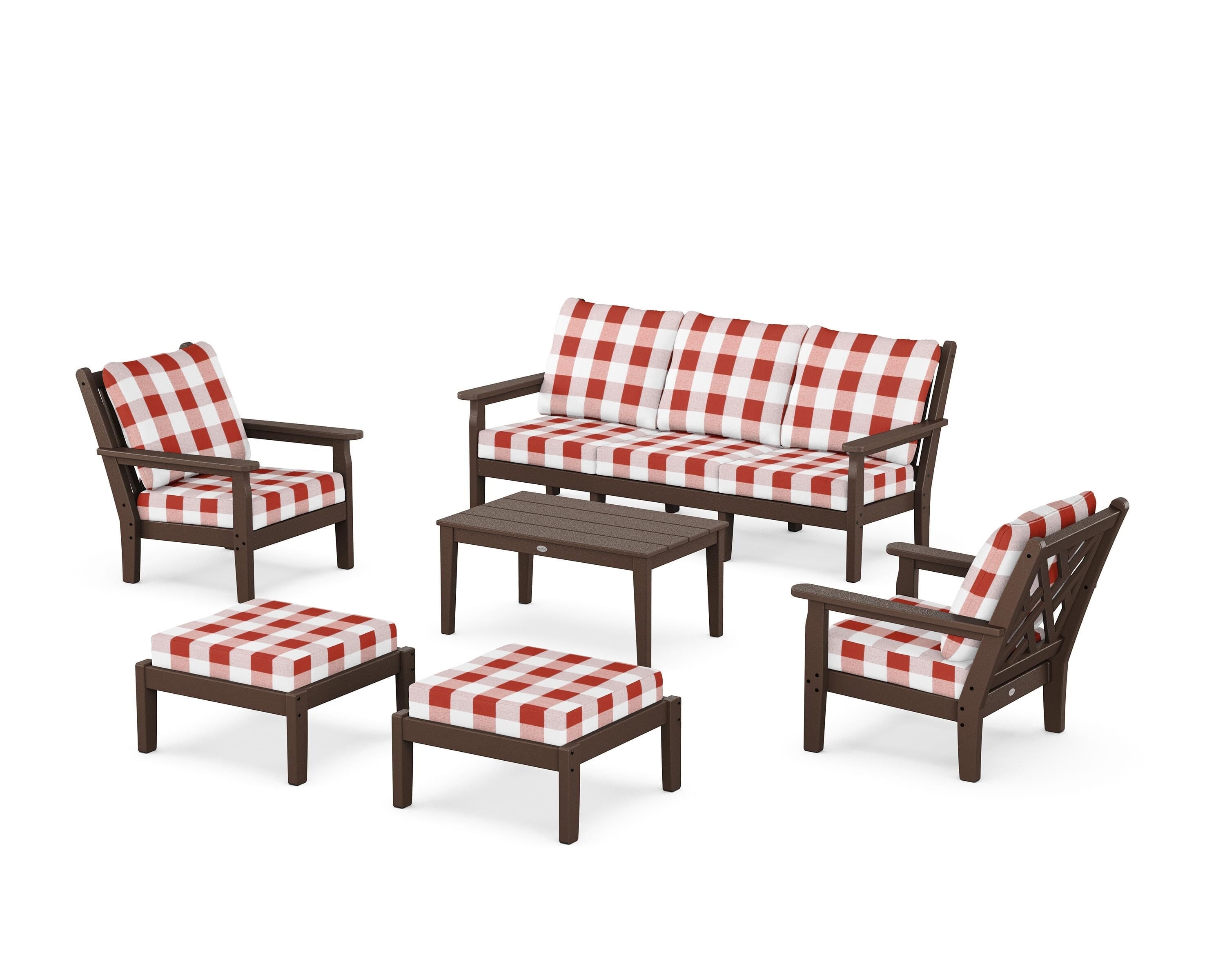 POLYWOOD® Chippendale 6-Piece Lounge Sofa Set in Mahogany / Buffalo Plaid Crimson