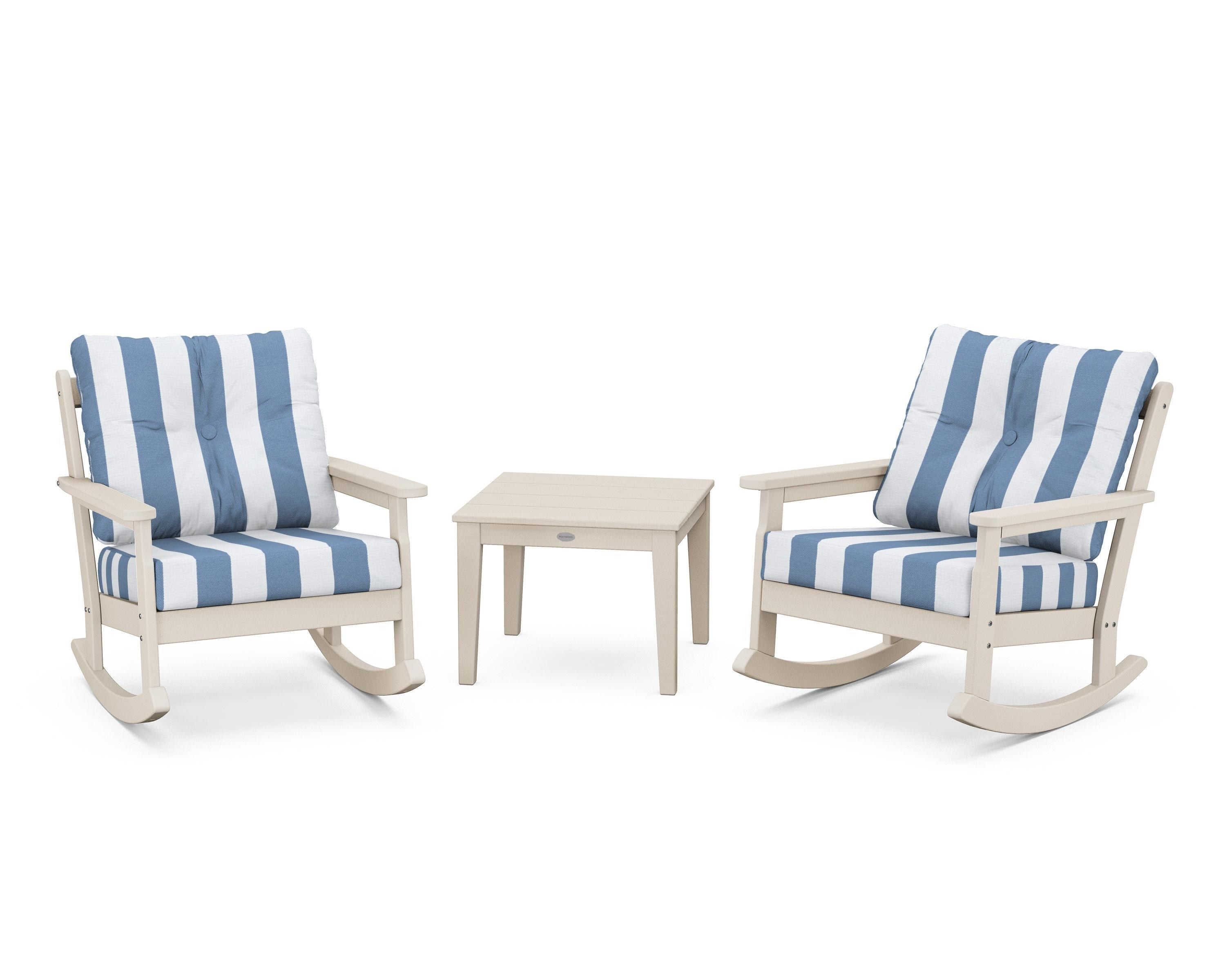 POLYWOOD® Vineyard 3-Piece Deep Seating Rocker Set in Sand / Cabana Stripe Sky Blue