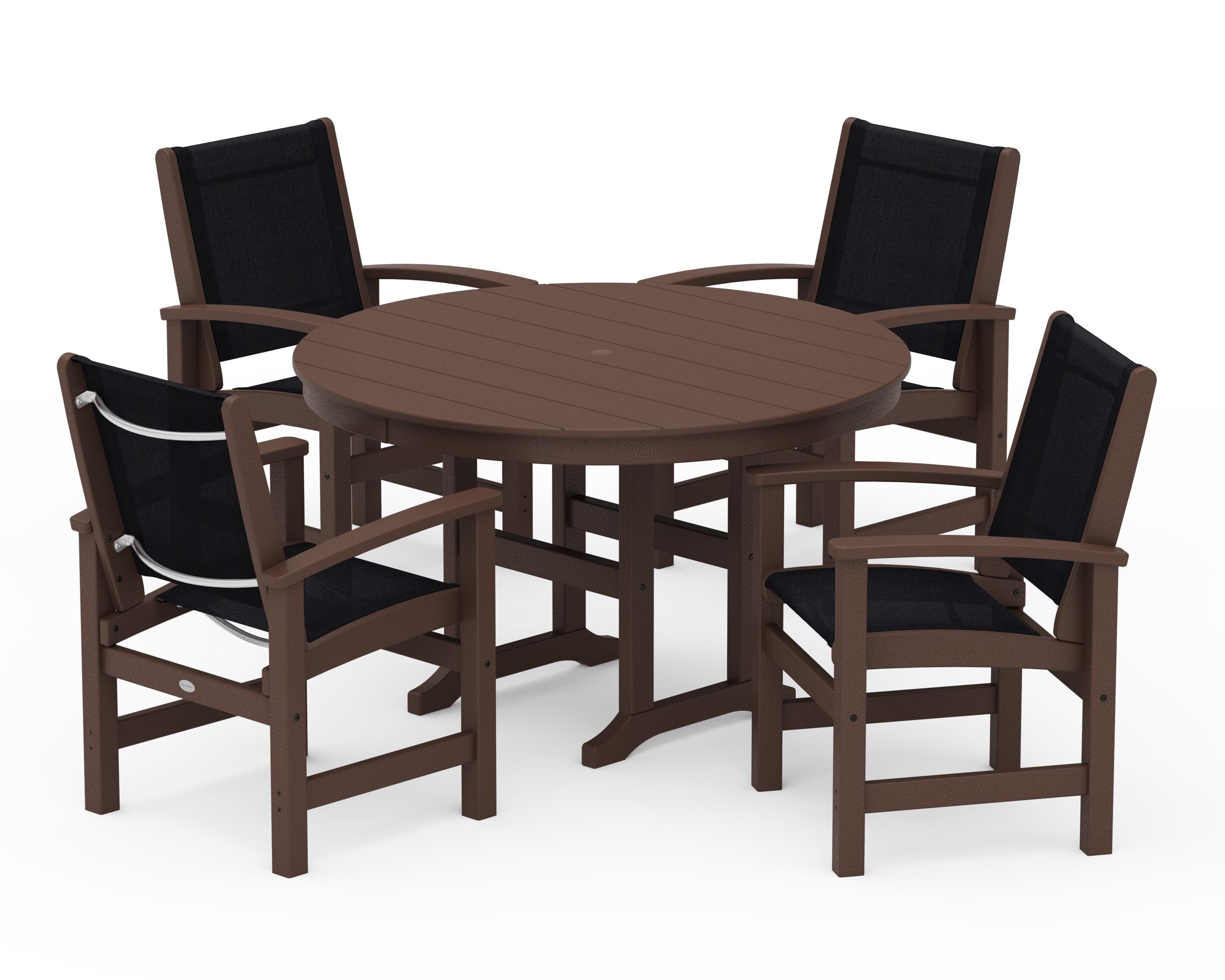 POLYWOOD® Coastal 5-Piece Round Farmhouse Dining Set in Mahogany / Black Sling