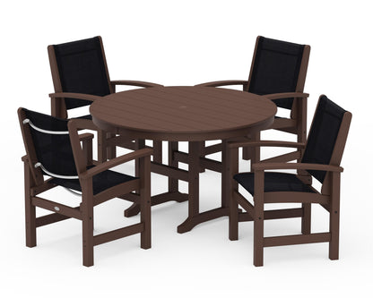 POLYWOOD® Coastal 5-Piece Round Farmhouse Dining Set in Mahogany / Black Sling