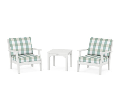 Martha Stewart by POLYWOOD® Chinoiserie 3-Piece Deep Seating Set in White / Buffalo Plaid Glacier Spa