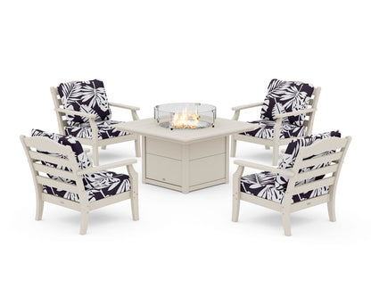 Draper James™ by  POLYWOOD® Savannah 5-Piece Deep Seating Set with Fire Pit Table in Sand / Leaf Navy