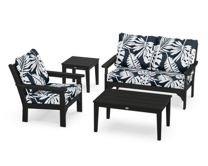 POLYWOOD® Vineyard 4-Piece Deep Seating Set in Black / Leaf Marine Indigo