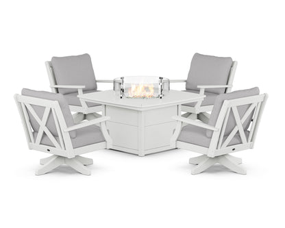 POLYWOOD® Braxton 5-Piece Deep Seating Swivel Conversation Set with Fire Pit Table in White / Granite