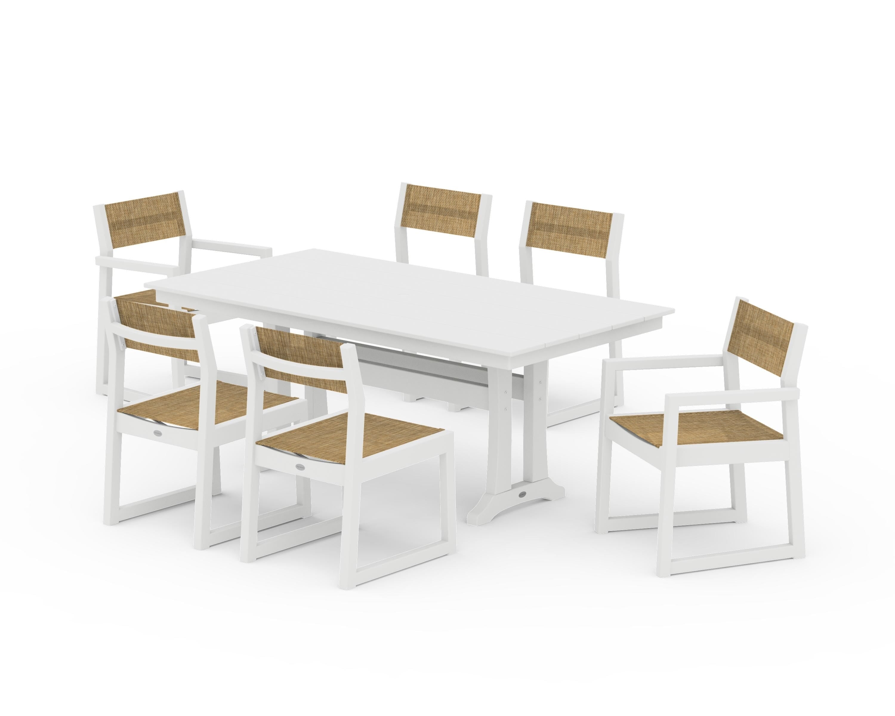 POLYWOOD® EDGE Sling 7-Piece Farmhouse Trestle Dining Set in White / Burlap Sling