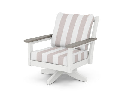 POLYWOOD® Chippendale Deep Seating Swivel Chair in White / Driftwood / Cabana Stripe Dune Burlap